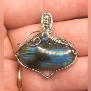 Wire Wrapped Blue Labradorite Pendant Necklace Handmade OOAK